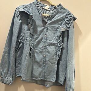H&M Ruffled Denim Button-Up Shirt